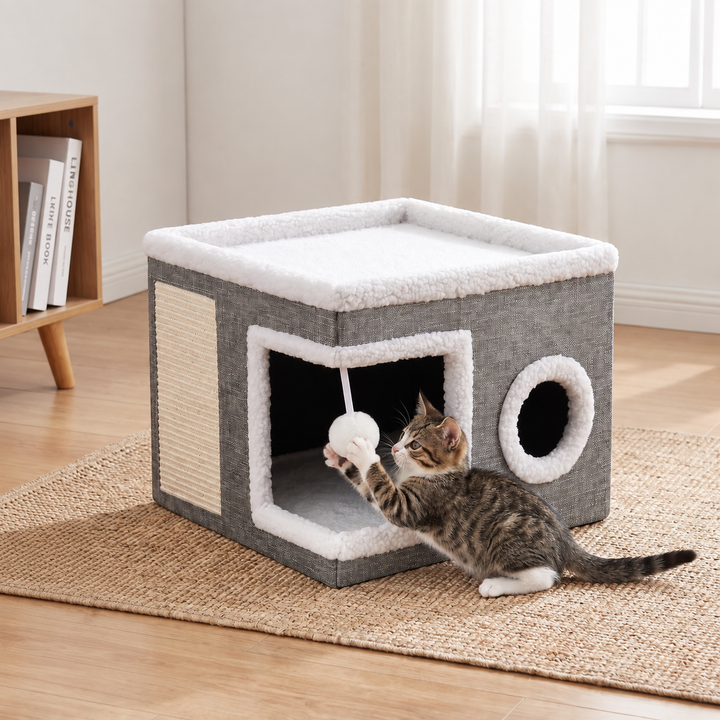 Modern Foldable Cat House with Double-Sided All-Season Cushion &amp; Hanging Toys
