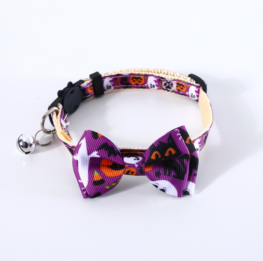 Halloween Bow Tie Cat &amp; Dog Collar – Pumpkin Print with Bell (Adjustable Breakaway Design)