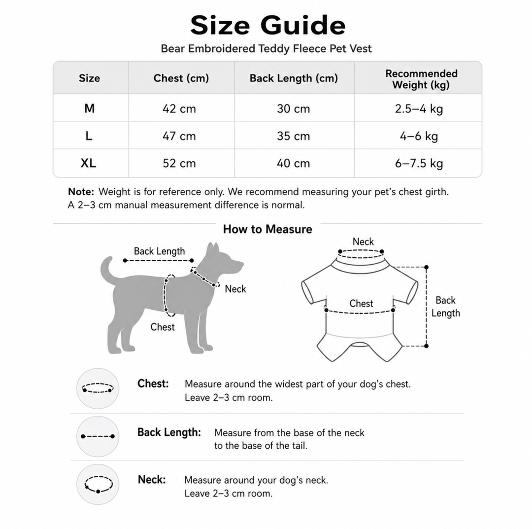 Bear Embroidered Teddy Fleece Pet Vest for Cats &amp; Small Dogs