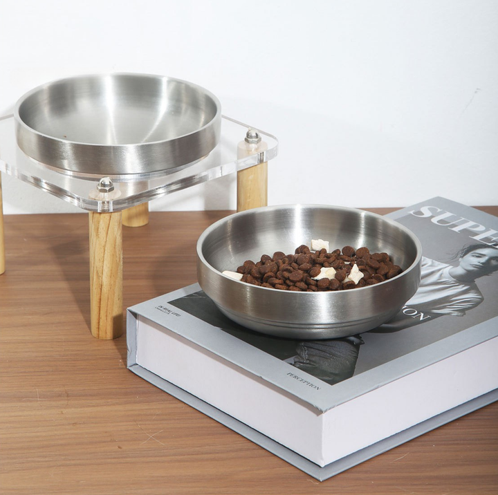 304 Stainless Steel Pet Food Bowl With Acrylic &amp; Wood Stand
