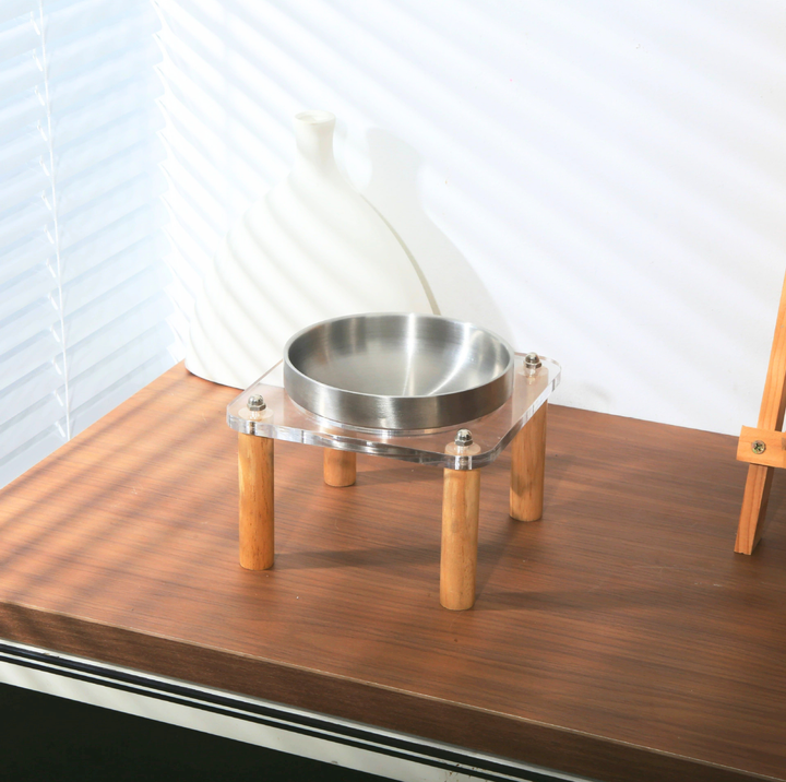 304 Stainless Steel Pet Food Bowl With Acrylic &amp; Wood Stand