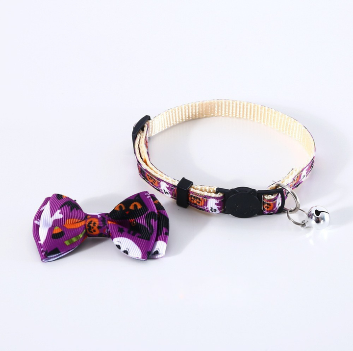 Halloween Bow Tie Cat &amp; Dog Collar – Pumpkin Print with Bell (Adjustable Breakaway Design)