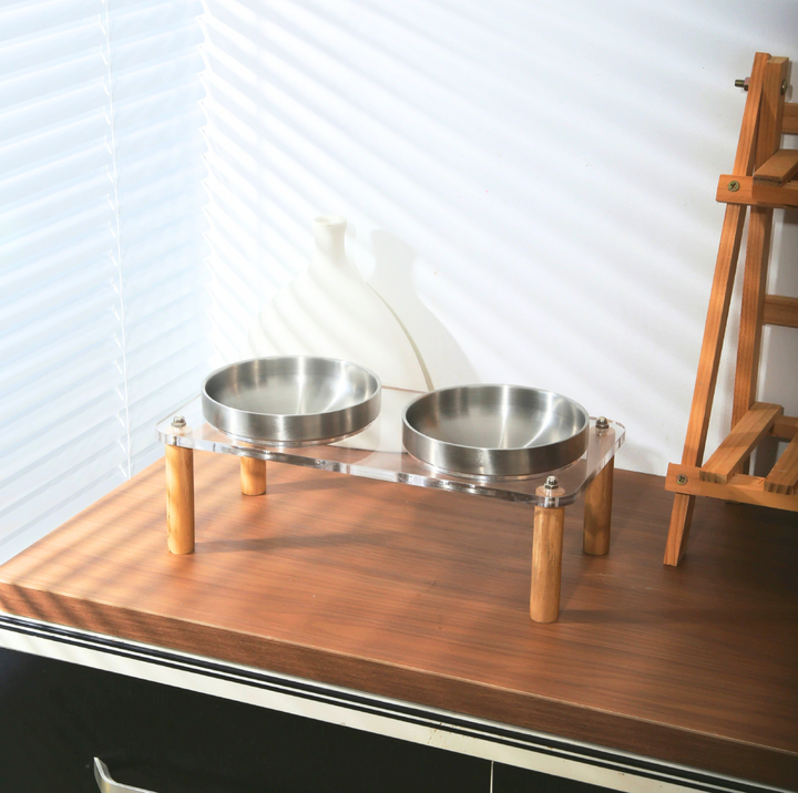 304 Stainless Steel Pet Food Bowl With Acrylic &amp; Wood Stand
