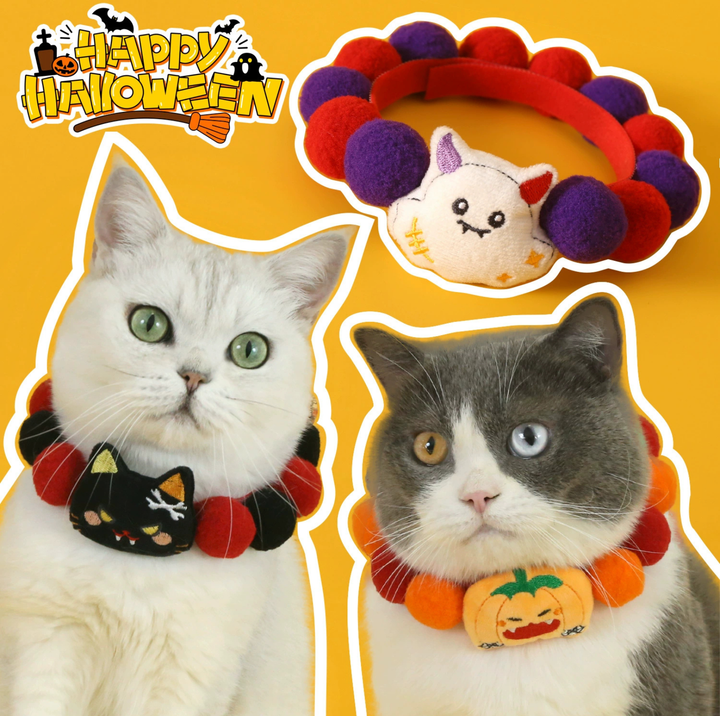 Halloween Plush Ball Collar for Cats and Small Dogs – Soft Cotton Design in Pumpkin, Ghost &amp; Black Cat Styles
