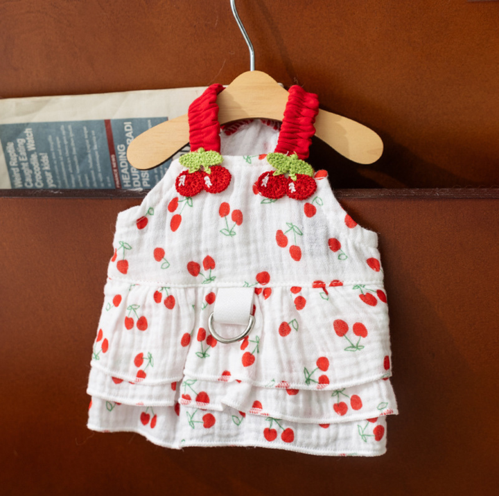 Cherry Suspender Pet Dress with D-Ring for Cats &amp; Small Dogs