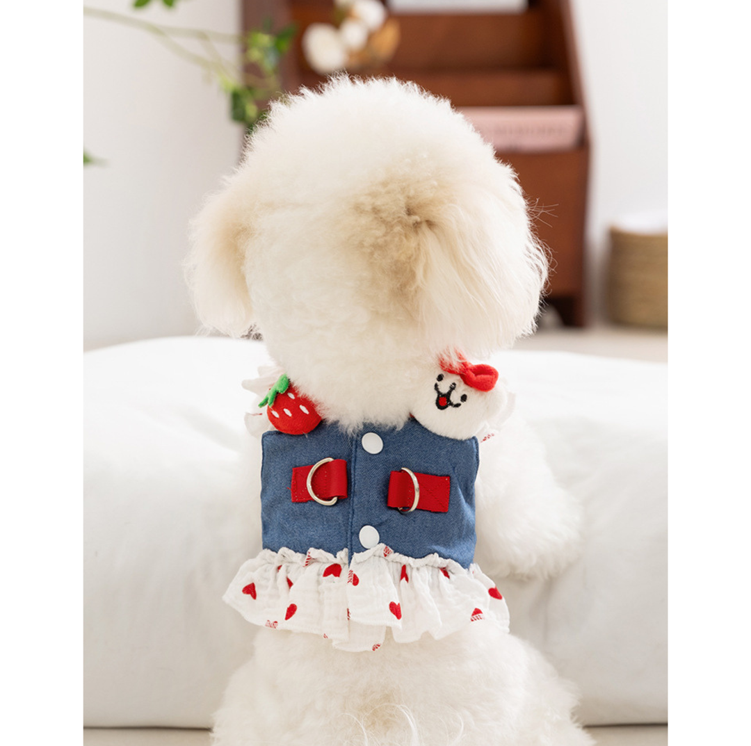 Denim Strawberry Suspender Pet Dress for Cats &amp; Small Dogs