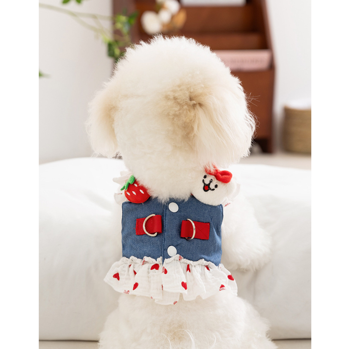 Denim Strawberry Suspender Pet Dress for Cats &amp; Small Dogs