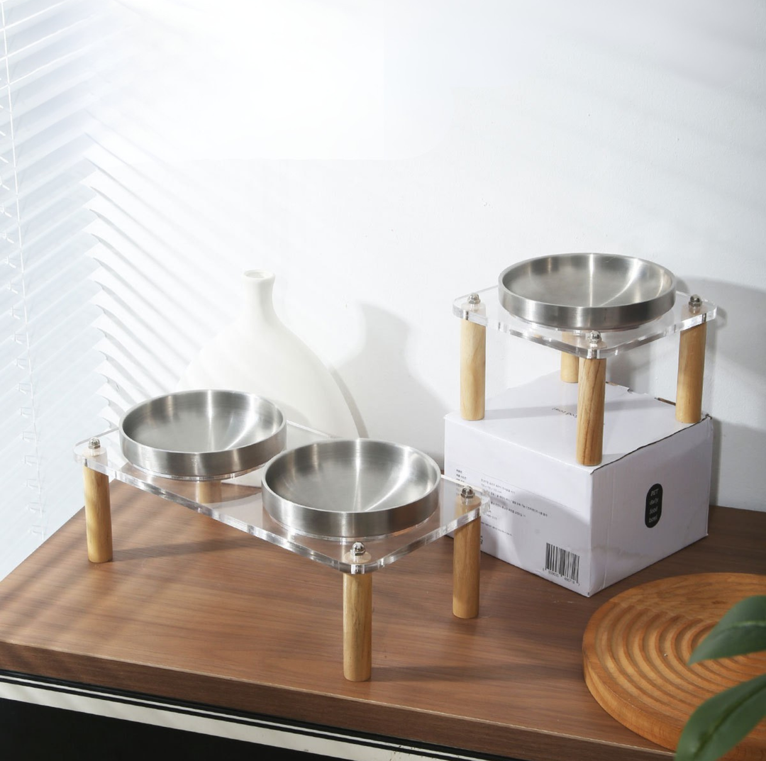 304 Stainless Steel Pet Food Bowl With Acrylic &amp; Wood Stand