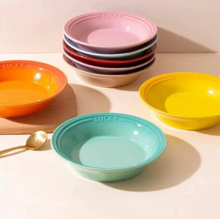 Lucky 6-Inch Flat Ceramic Pet Bowl – Multicolour Glazed Plate for Cats &amp; Small Dogs