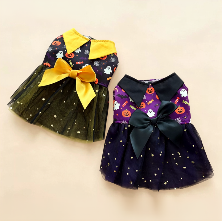 Halloween Pumpkin Print Tulle Pet Dress with Bow