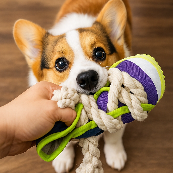Squeaky slipper with sturdy cotton rope – dental care &amp; fun for dogs