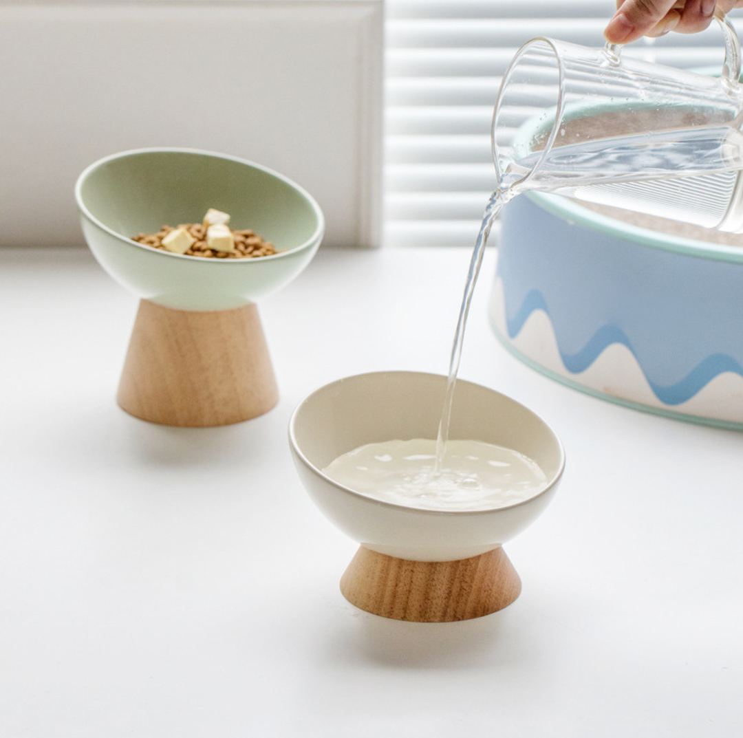 Elevated Round Ceramic Pet Bowl with Oak Base