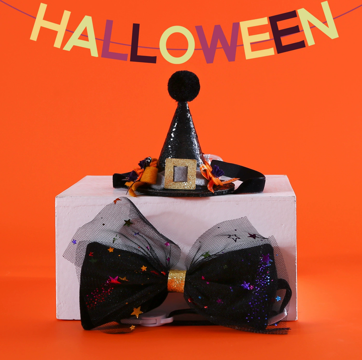 Halloween Witch Hat &amp; Velvet Bow Tie Set for Cats and Small Dogs