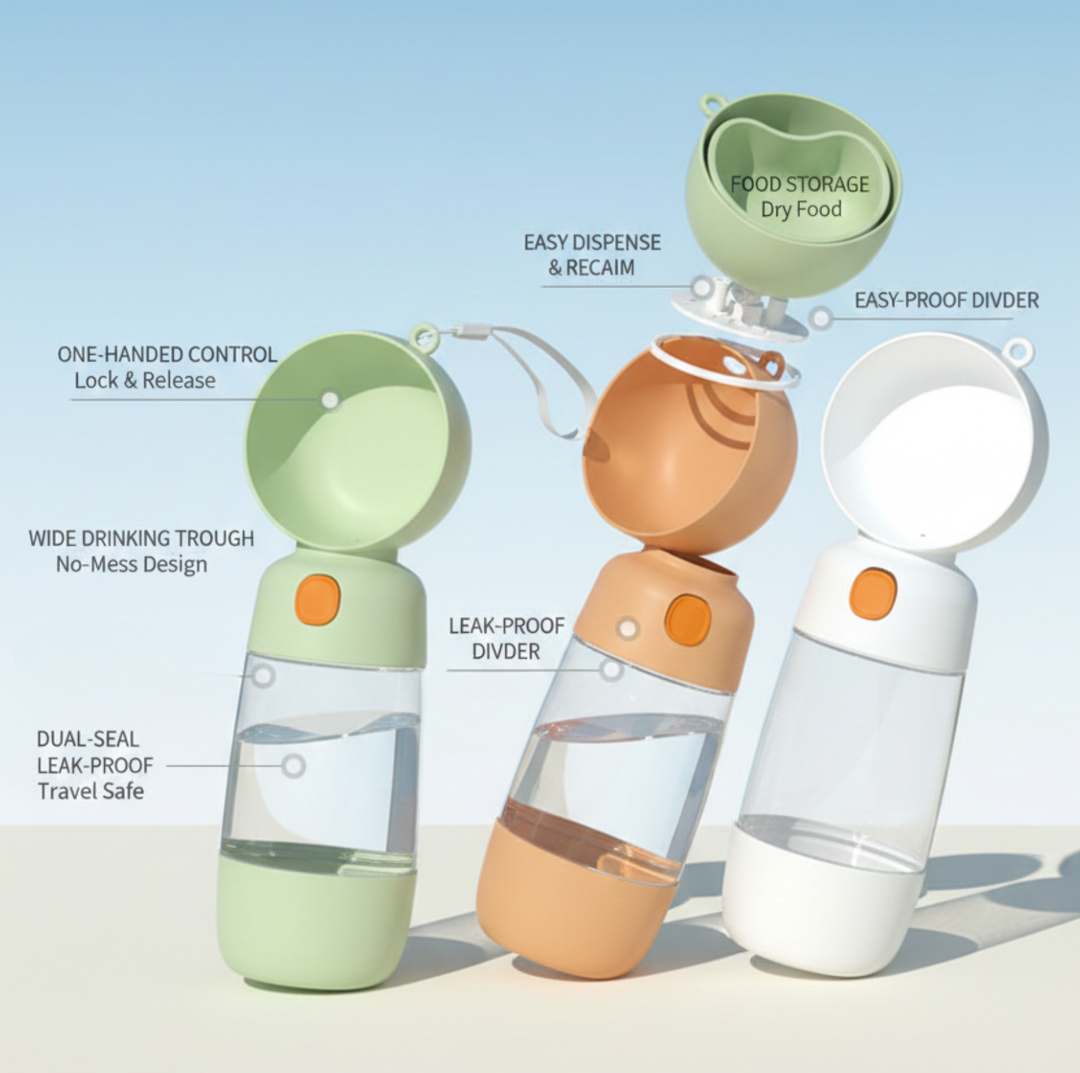 On-the-Go Portable Pet Water Bottle with Food Storage for Dogs &amp; Cats