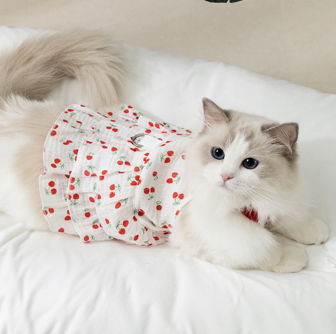 Cherry Suspender Pet Dress with D-Ring for Cats &amp; Small Dogs