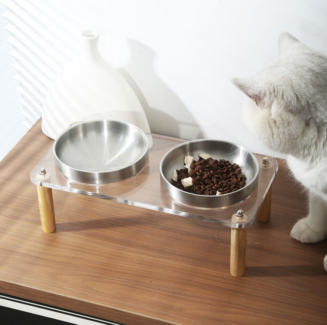 304 Stainless Steel Pet Food Bowl With Acrylic &amp; Wood Stand