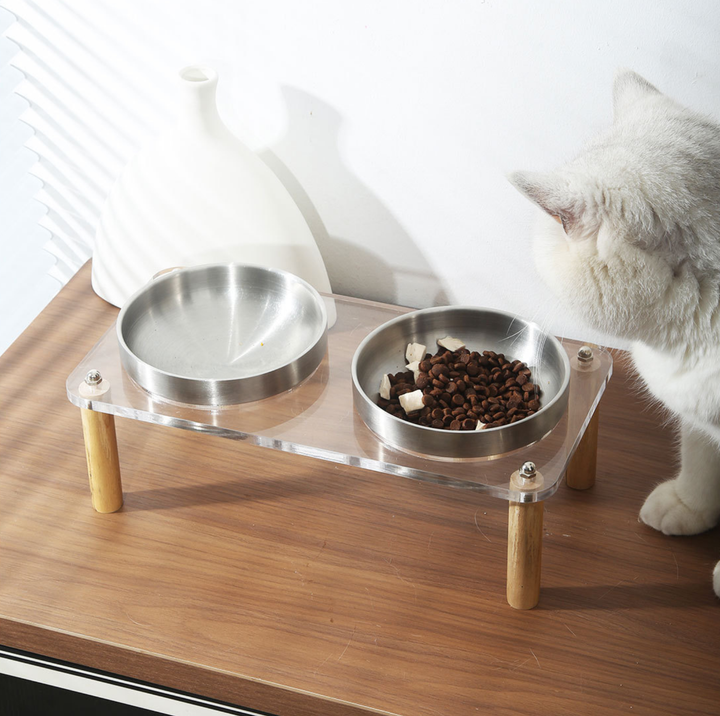 304 Stainless Steel Pet Food Bowl With Acrylic &amp; Wood Stand