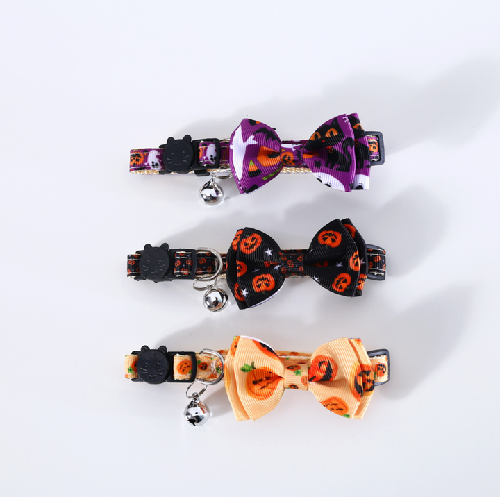 Halloween Bow Tie Cat &amp; Dog Collar – Pumpkin Print with Bell (Adjustable Breakaway Design)