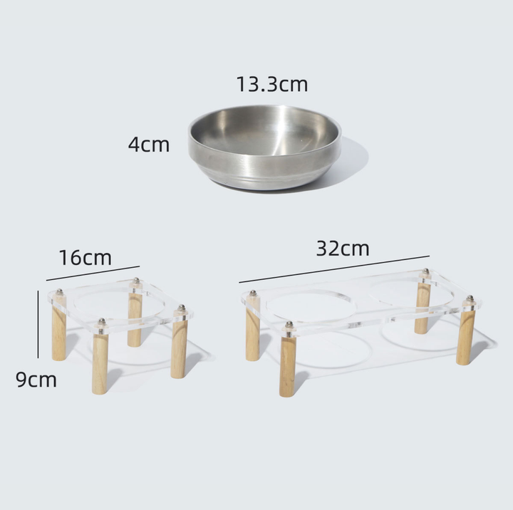 304 Stainless Steel Pet Food Bowl With Acrylic &amp; Wood Stand