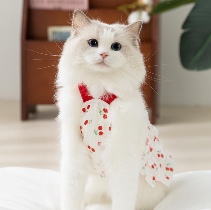 Cherry Suspender Pet Dress with D-Ring for Cats &amp; Small Dogs
