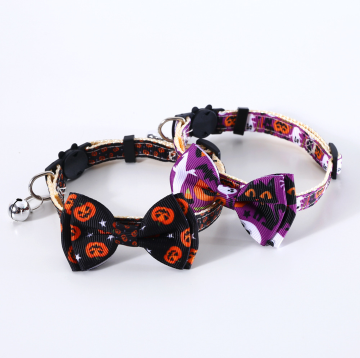 Halloween Bow Tie Cat &amp; Dog Collar – Pumpkin Print with Bell (Adjustable Breakaway Design)