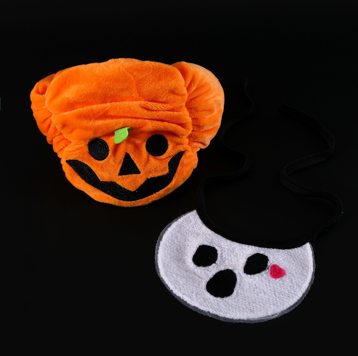 Halloween Pumpkin Hat &amp; Ghost Bib Set for Cats and Dogs