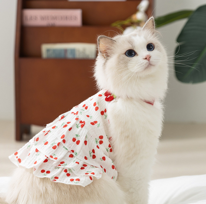 Cherry Suspender Pet Dress with D-Ring for Cats &amp; Small Dogs