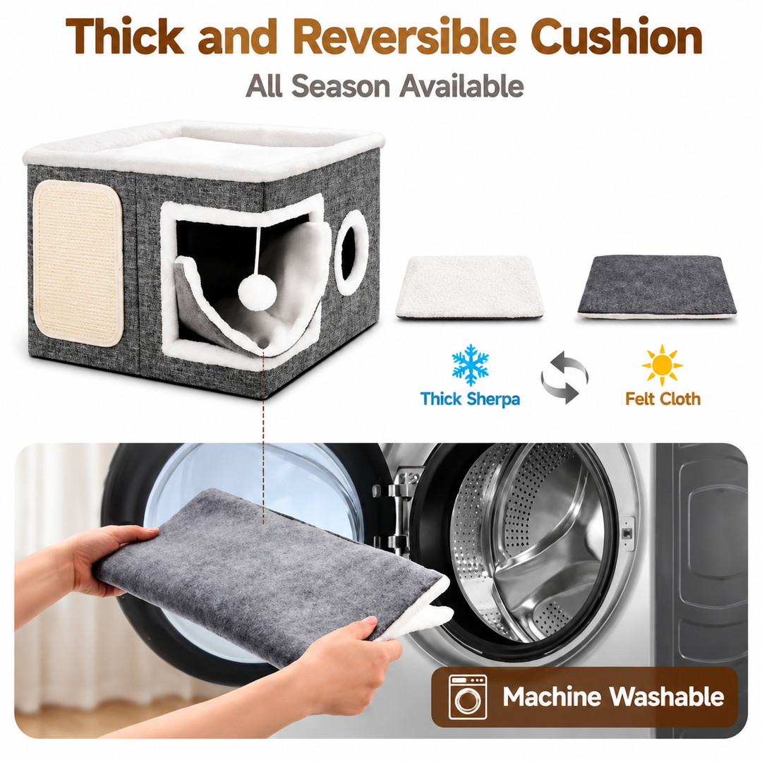 Modern Foldable Cat House with Double-Sided All-Season Cushion &amp; Hanging Toys