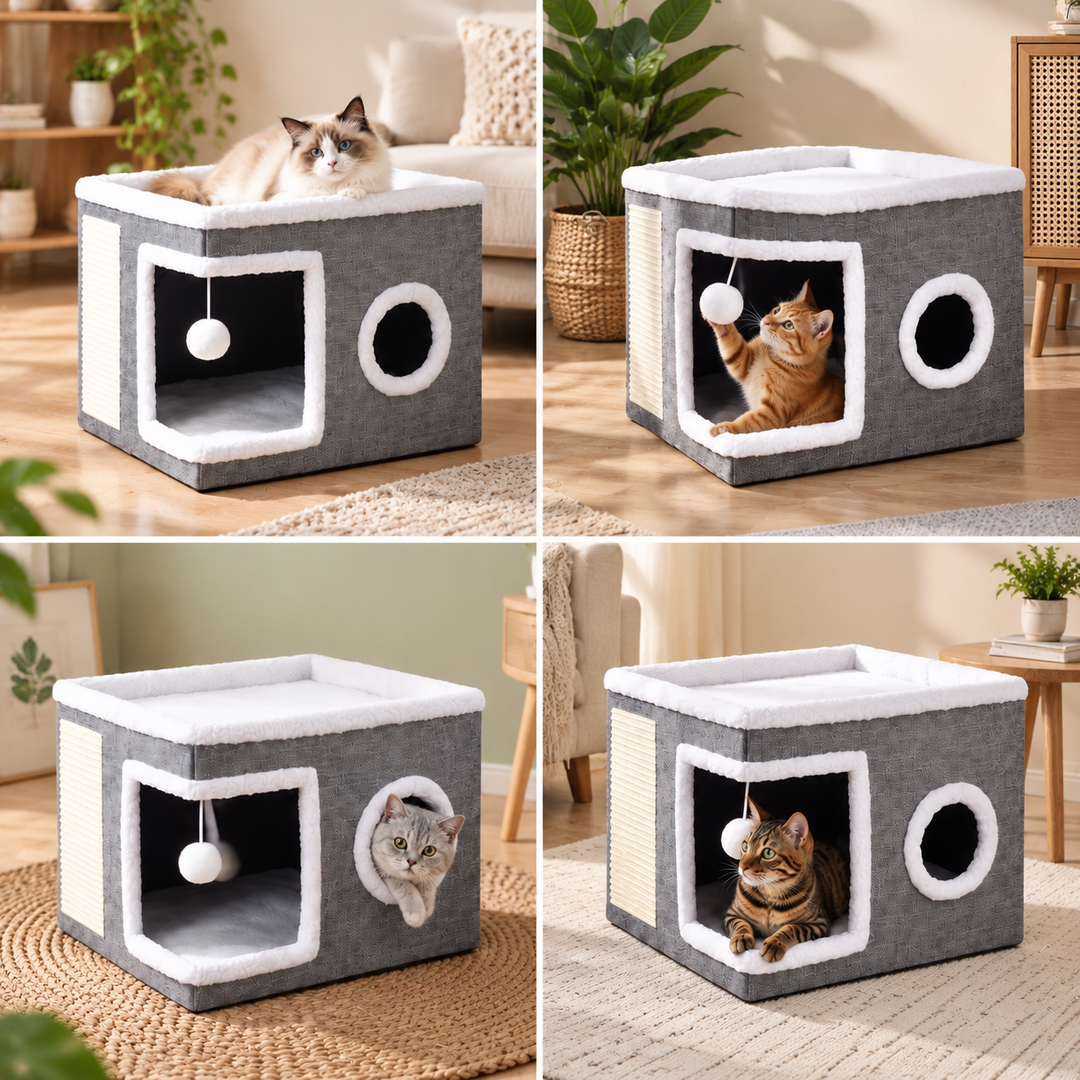 Modern Foldable Cat House with Double-Sided All-Season Cushion &amp; Hanging Toys