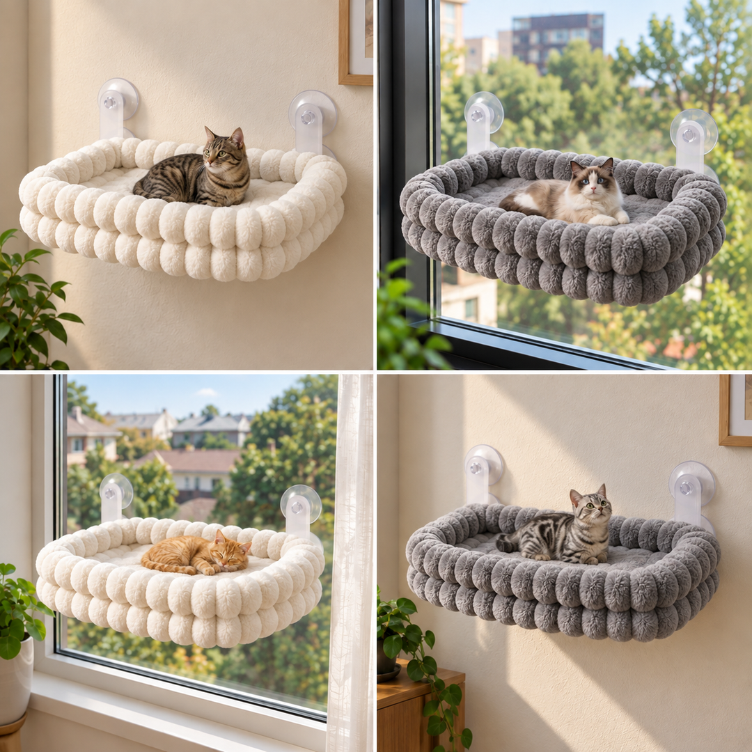 Fluffy Cordless Folding Cat Window Hammock with Strong Suction Cups &amp; Washable Cover