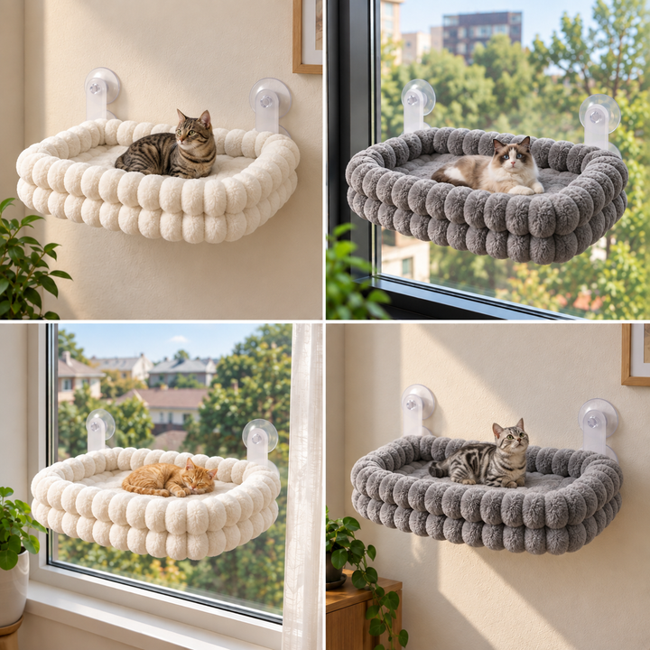 Fluffy Cordless Folding Cat Window Hammock with Strong Suction Cups &amp; Washable Cover