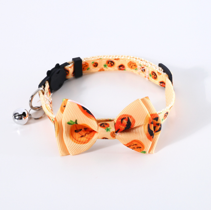 Halloween Bow Tie Cat &amp; Dog Collar – Pumpkin Print with Bell (Adjustable Breakaway Design)