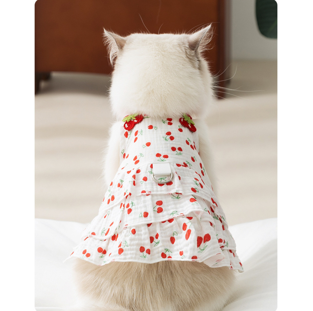 Cherry Suspender Pet Dress with D-Ring for Cats &amp; Small Dogs