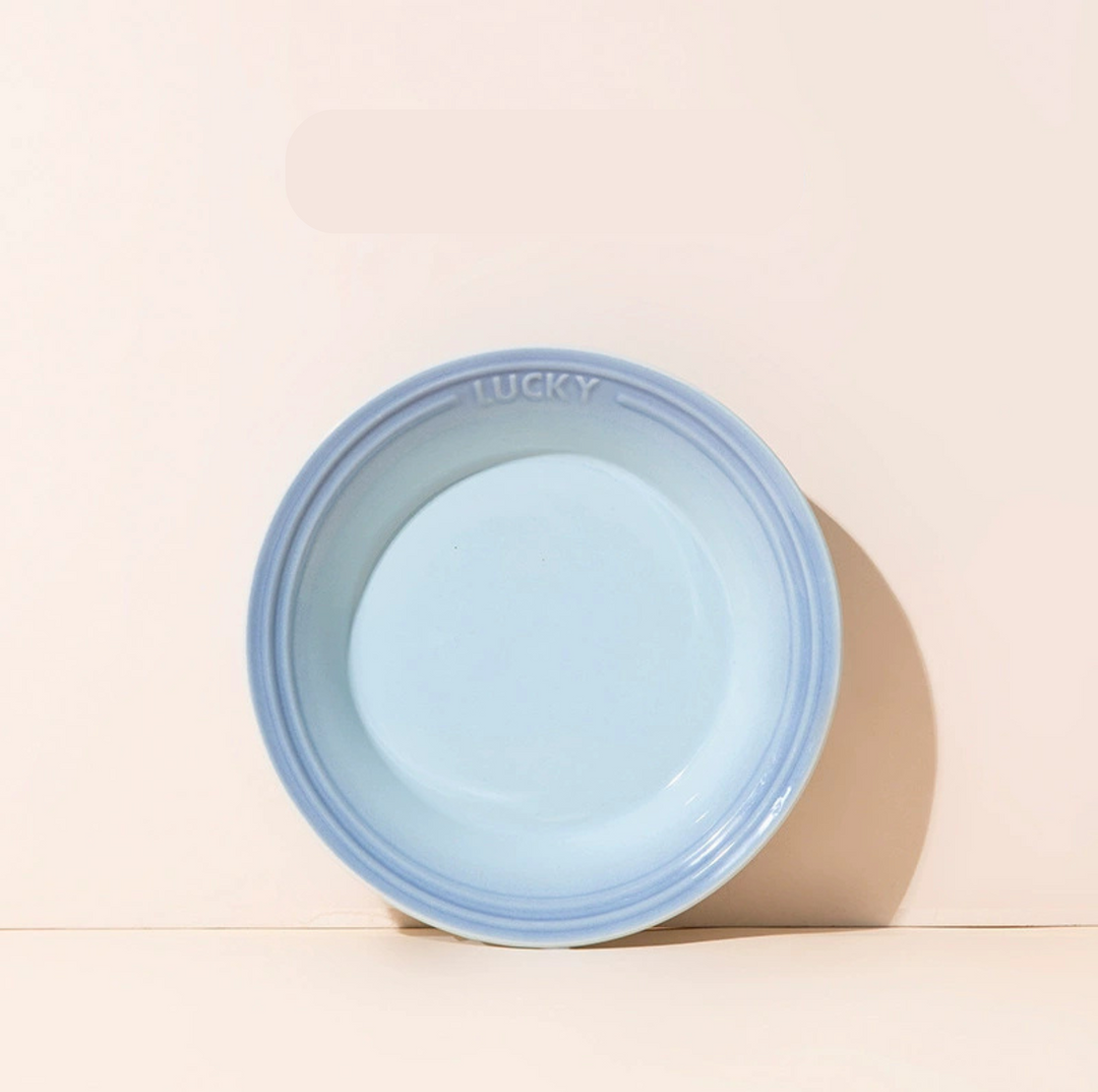 Lucky 6-Inch Flat Ceramic Pet Bowl – Multicolour Glazed Plate for Cats &amp; Small Dogs