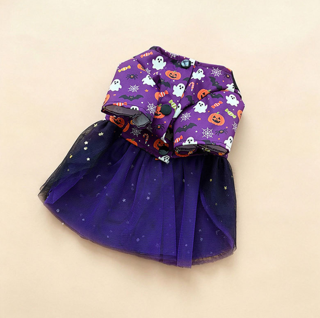 Halloween Pumpkin Print Tulle Pet Dress with Bow