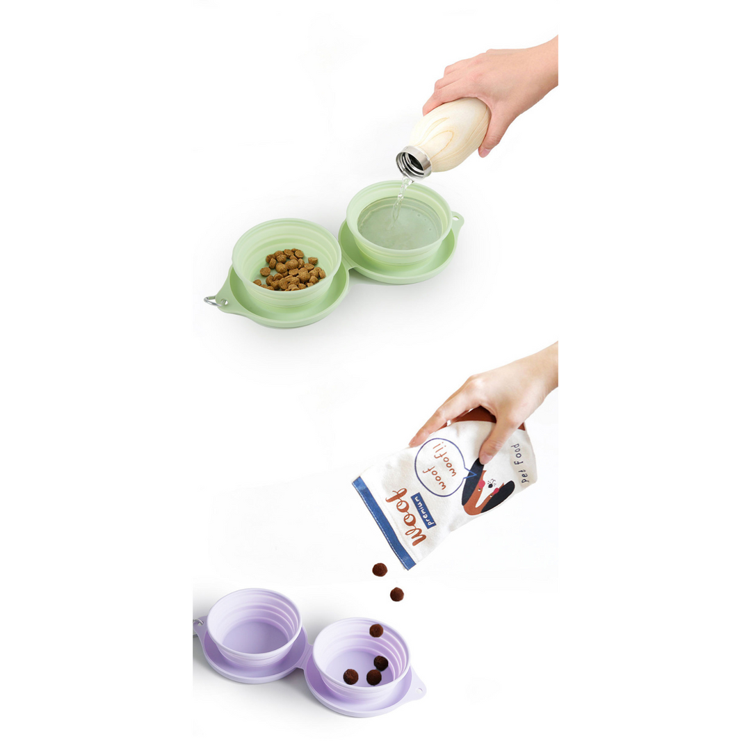 Silicone Foldable Double Pet Feeding Bowl - Portable &amp; Travel-Friendly