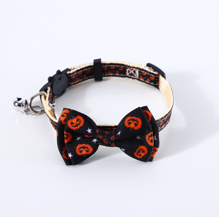 Halloween Bow Tie Cat &amp; Dog Collar – Pumpkin Print with Bell (Adjustable Breakaway Design)