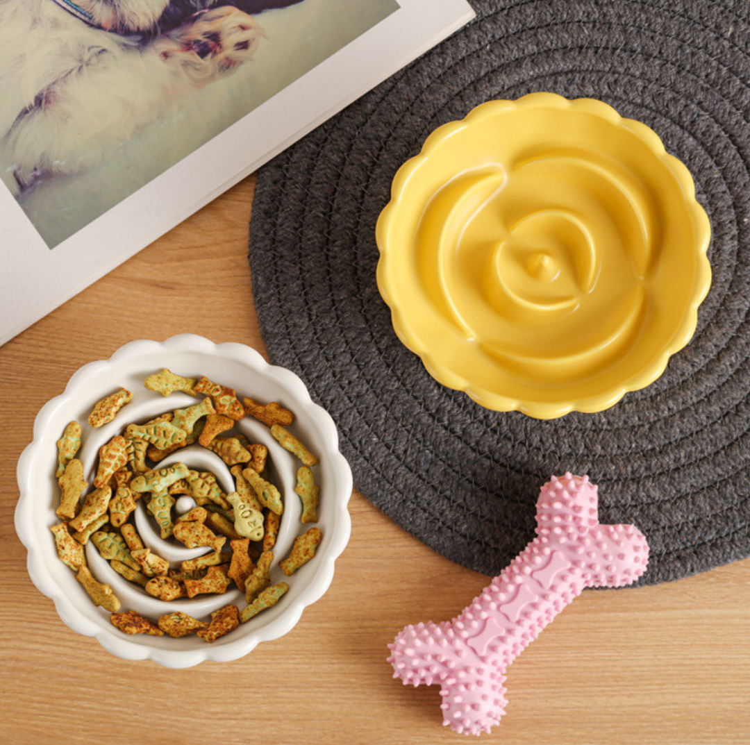 Rosette Ceramic Slow Feeder Pet Bowl