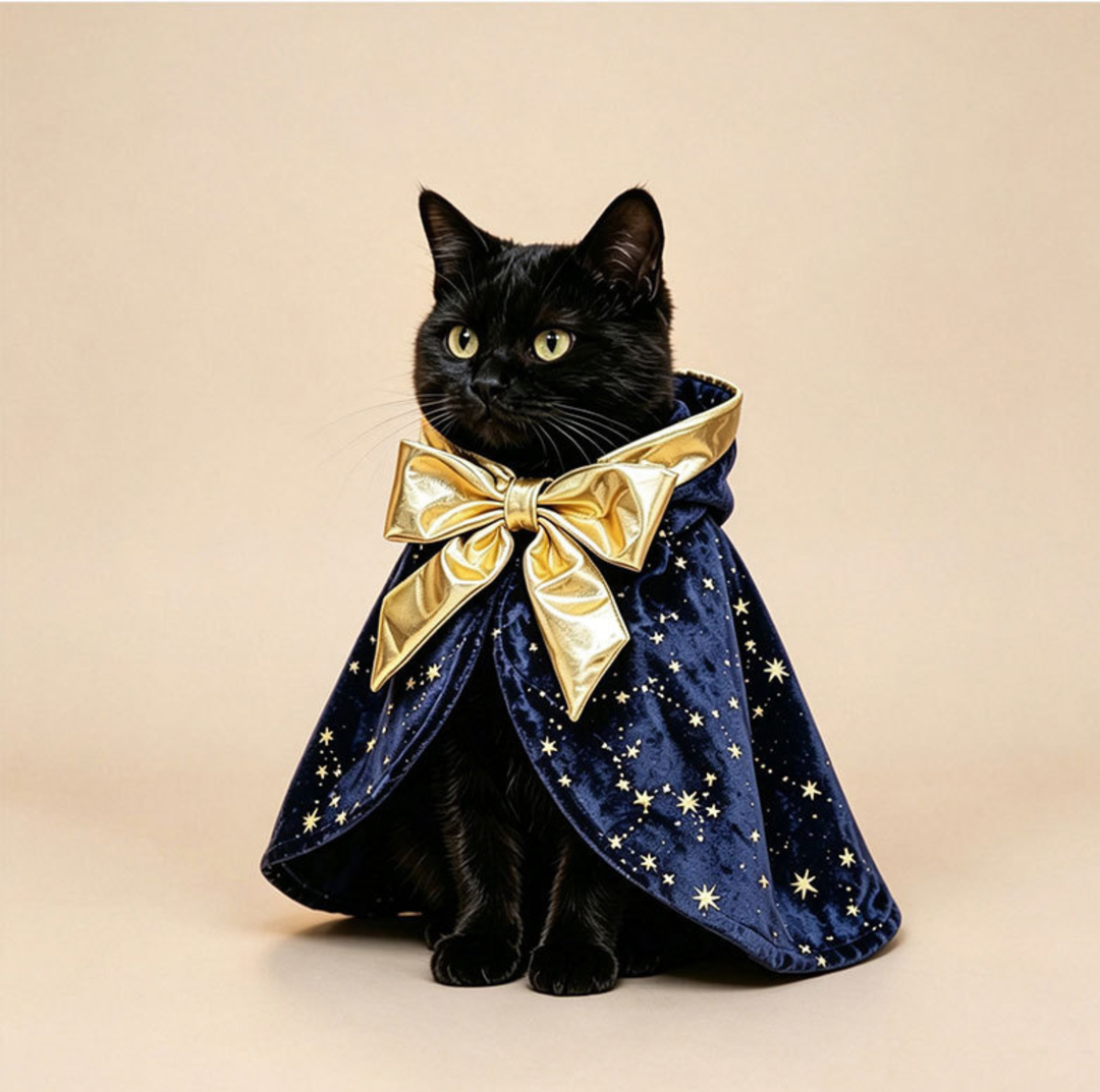 Starry Velvet Hooded Pet Cape with Gold Bow