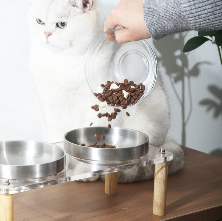 304 Stainless Steel Pet Food Bowl With Acrylic &amp; Wood Stand