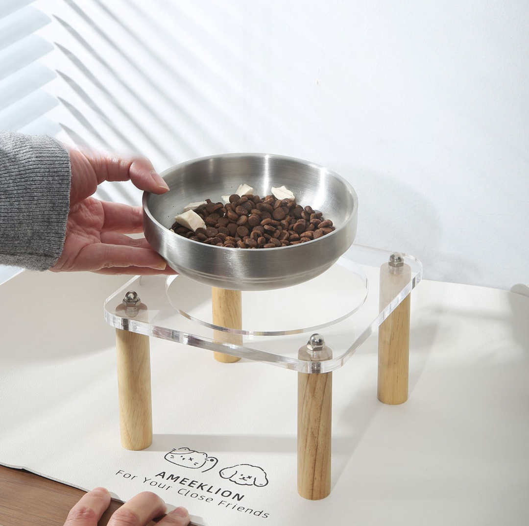 304 Stainless Steel Pet Food Bowl With Acrylic &amp; Wood Stand