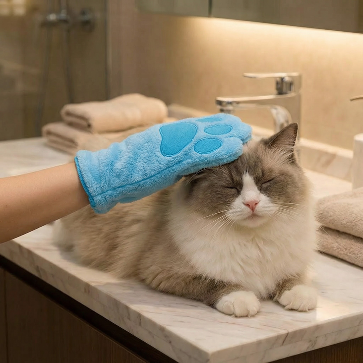 Animal care microfibre glove – dry bath towel &amp; coat cleaning for cats