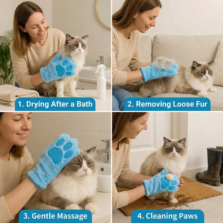 Animal care microfibre glove – dry bath towel &amp; coat cleaning for cats