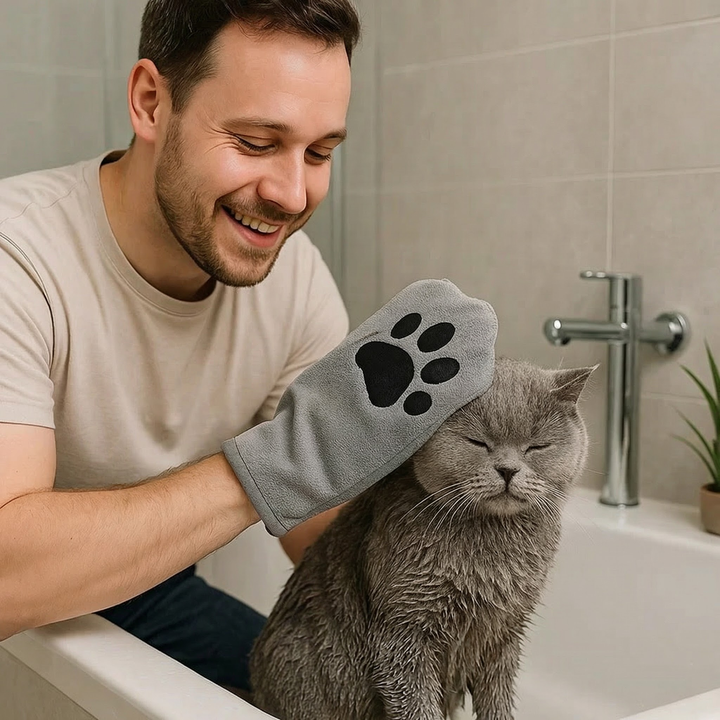 Animal care microfibre glove – dry bath towel &amp; coat cleaning for cats