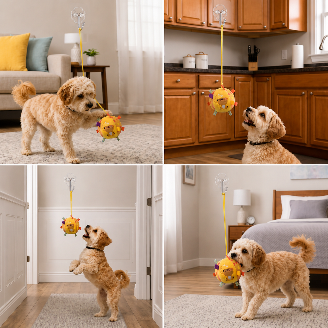 Interactive Hanging Dog Ball Toy with Elastic Play Rope &amp; Hook