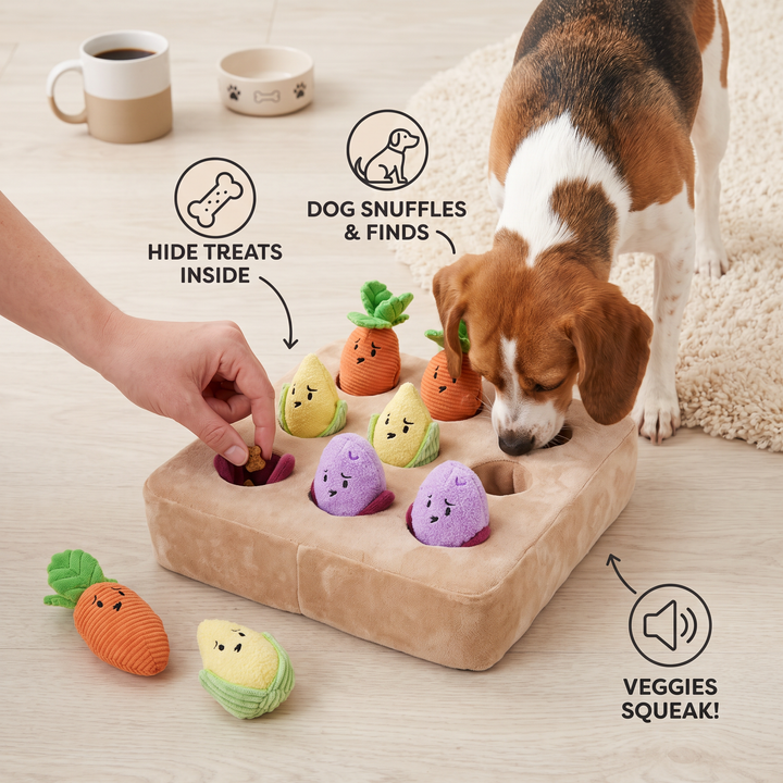 Interactive Vegetable Garden Treat Toy – Hide &amp; Seek Snuffle Puzzle with Squeaky Veggies