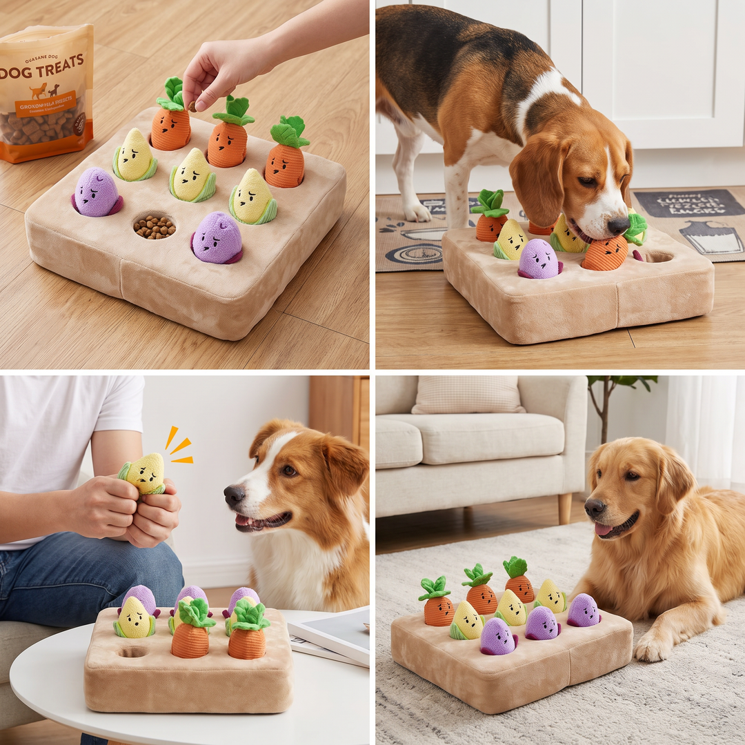 Interactive Vegetable Garden Treat Toy – Hide &amp; Seek Snuffle Puzzle with Squeaky Veggies