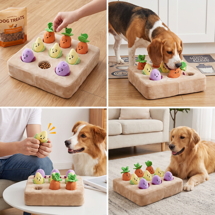 Interactive Vegetable Garden Treat Toy – Hide &amp; Seek Snuffle Puzzle with Squeaky Veggies