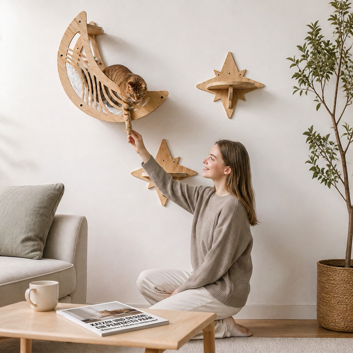 Modern Wooden Moon &amp; Star Wall-Mounted Cat Climbing Shelves &amp; Bed Set