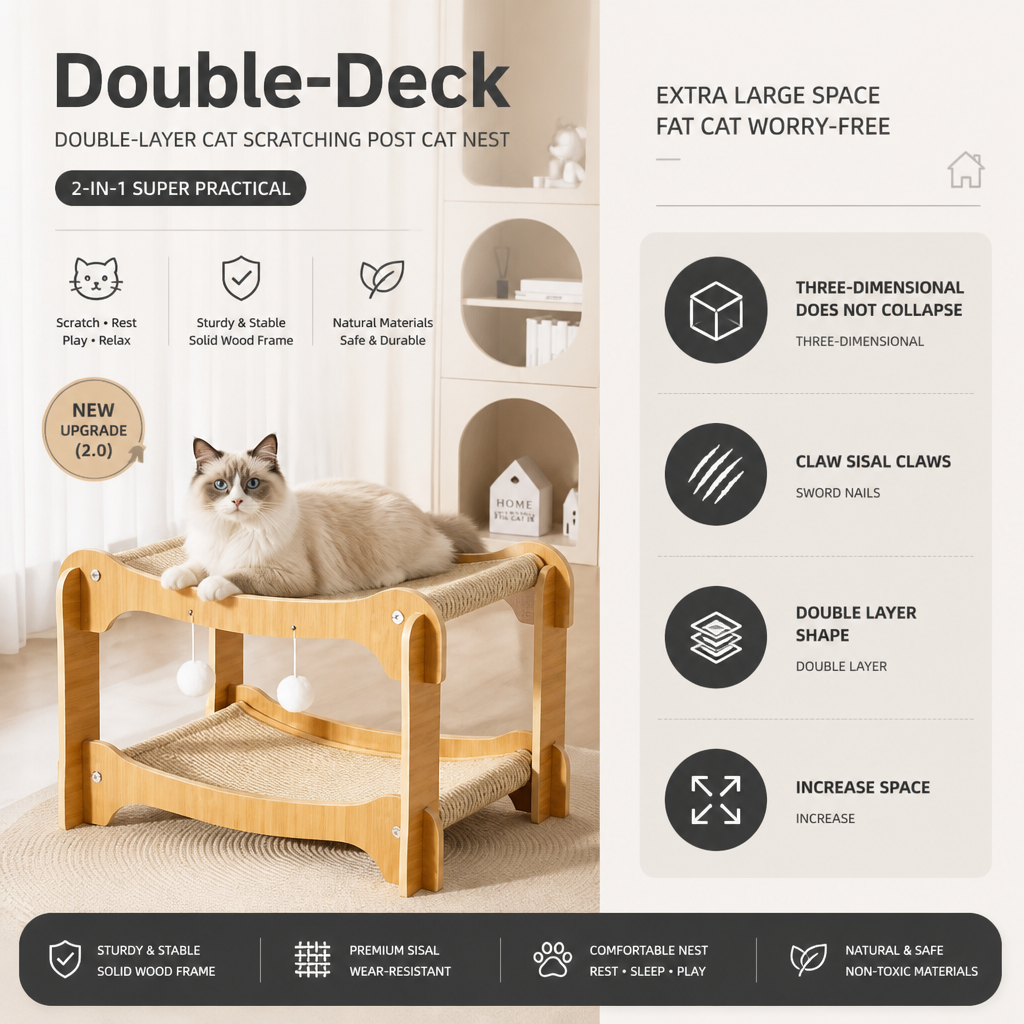 Wooden Double-Decker Cat Play &amp; Lounge Bed with Sisal Scratching Ramp and Hanging Toys